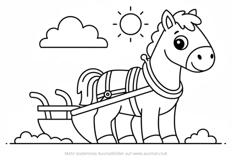 Freundliches Pferd zieht Pflug Ausmalbild
