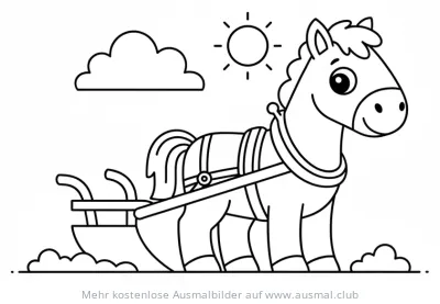 Freundliches Pferd zieht Pflug Ausmalbild