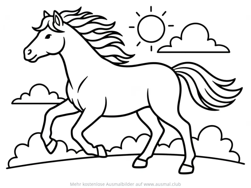 Wildpferd galoppiert in Landschaft Ausmalbild