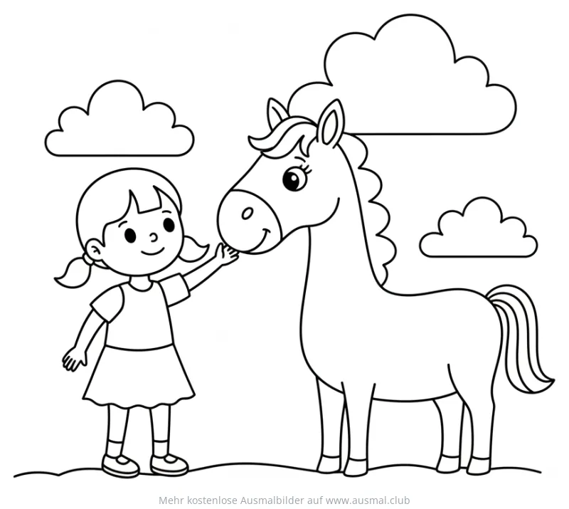 Mädchen streichelt Pferd Ausmalbild