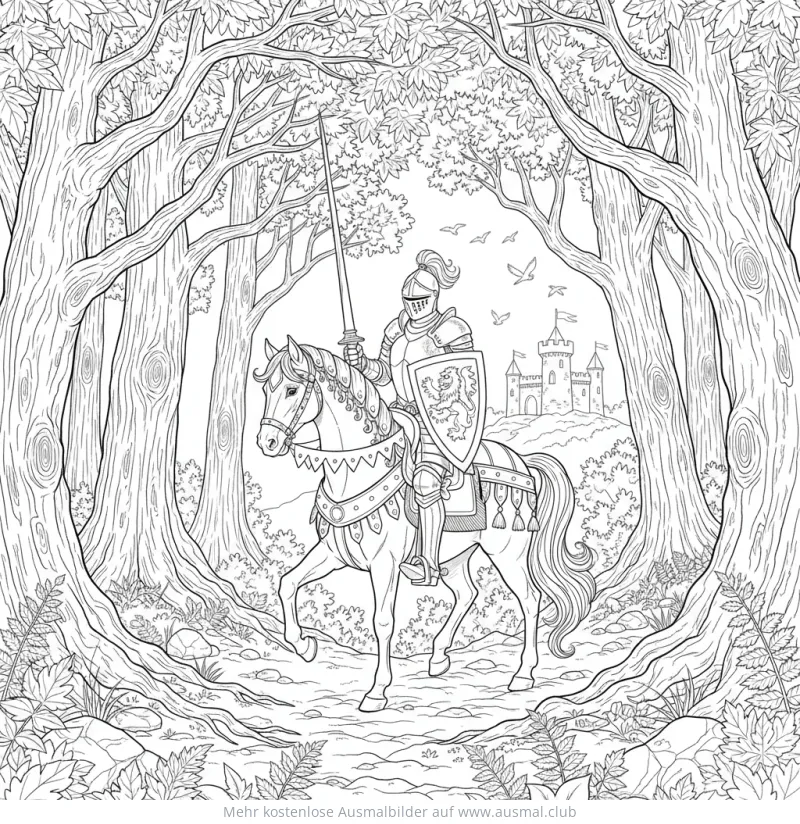 Ritter mit Schwert auf Pferd vor Burg Ausmalbild