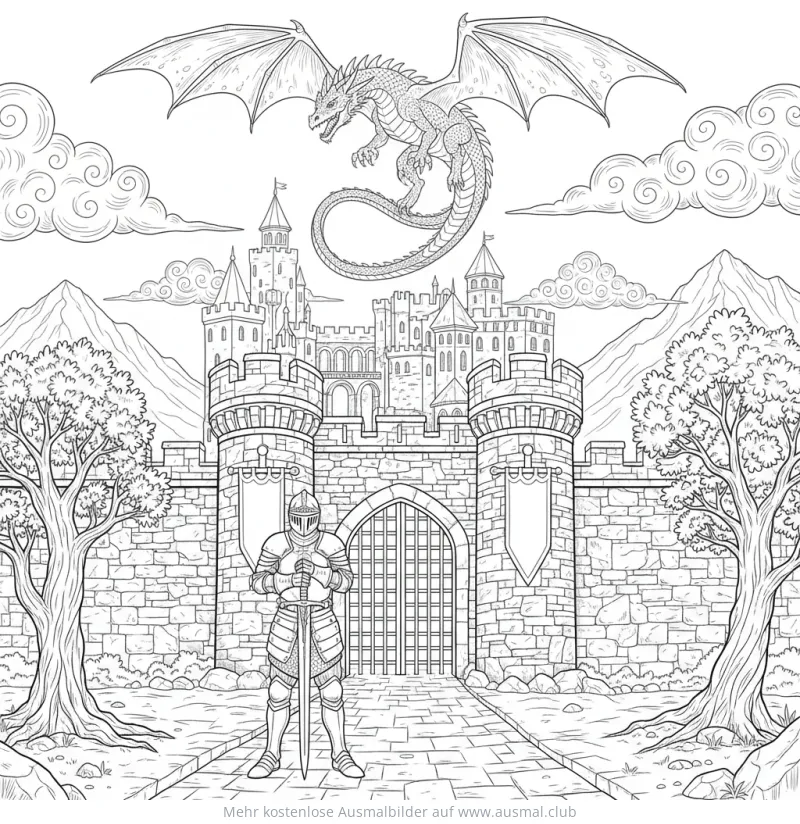 Ritter mit Schwert vor Burg und fliegender Drache Ausmalbild