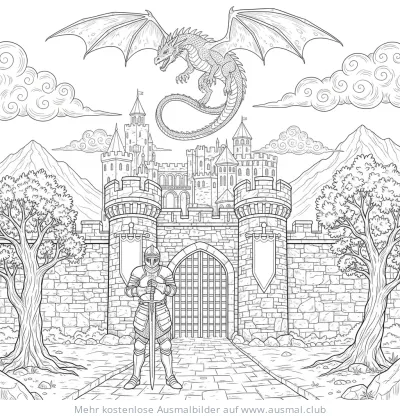 Ritter mit Schwert vor Burg und fliegender Drache Ausmalbild