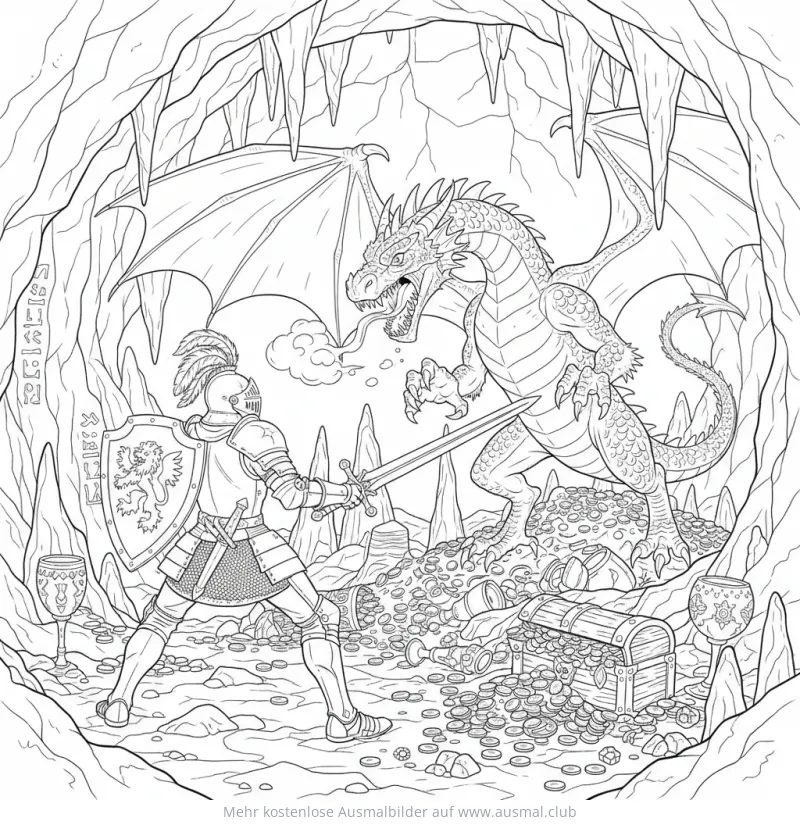 Ritter kämpft gegen Drachen in einer Höhle voller Schätze Ausmalbild
