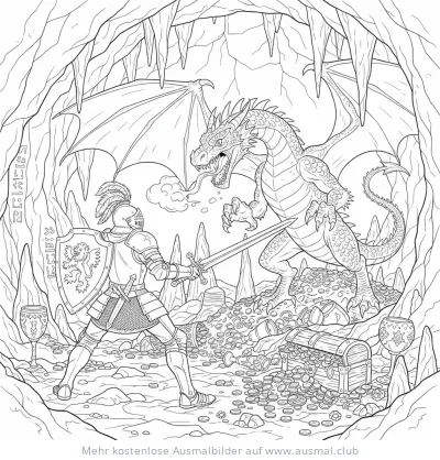 Ritter kämpft gegen Drachen in einer Höhle voller Schätze Ausmalbild