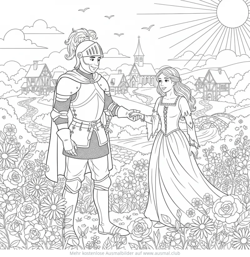 Ritter und Jungfrau Hand in Hand in Blumenwiese Ausmalbild
