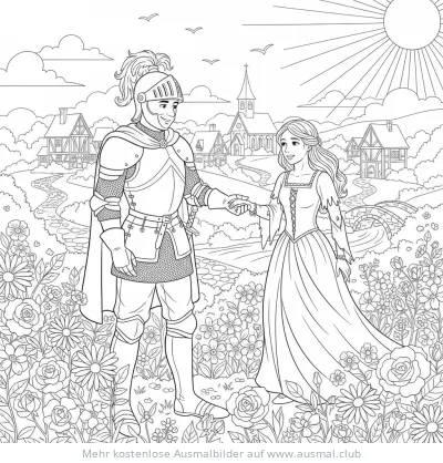 Ritter und Jungfrau Hand in Hand in Blumenwiese Ausmalbild