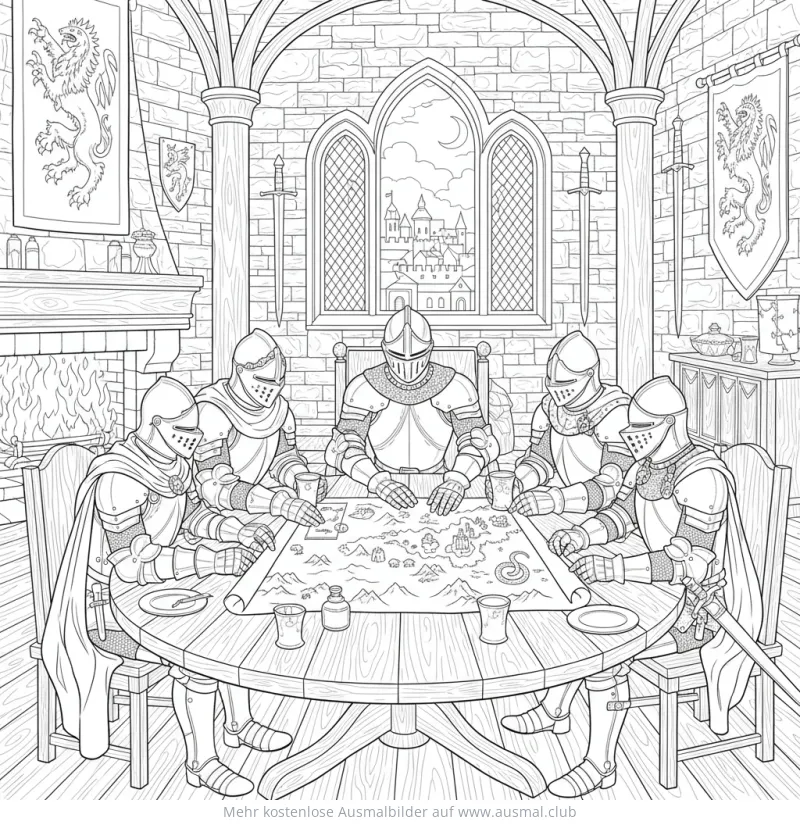 Ritterrunde am Tisch mit Landkarte Ausmalbild
