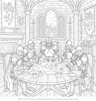 Ritterrunde am Tisch mit Landkarte Ausmalbild