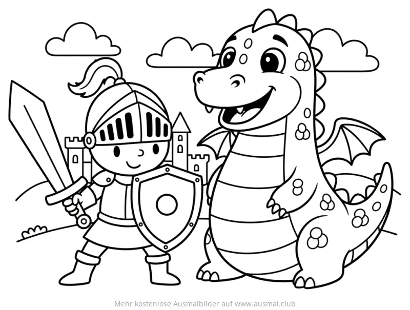 Freundlicher Ritter mit Schwert und Drache vor einer Burg Ausmalbild