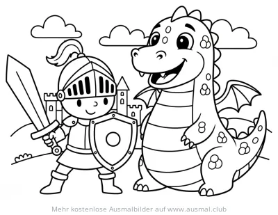 Freundlicher Ritter mit Schwert und Drache vor einer Burg Ausmalbild