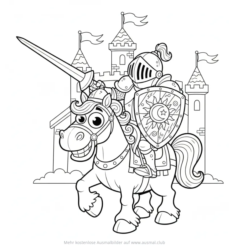 Ritter in Rüstung auf einem Pferd vor einer Burg Ausmalbild
