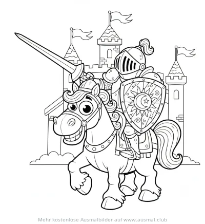 Ritter in Rüstung auf einem Pferd vor einer Burg Ausmalbild