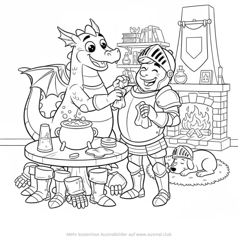 Freundlicher Drache und Ritter am Tisch mit Zaubertrank Ausmalbild