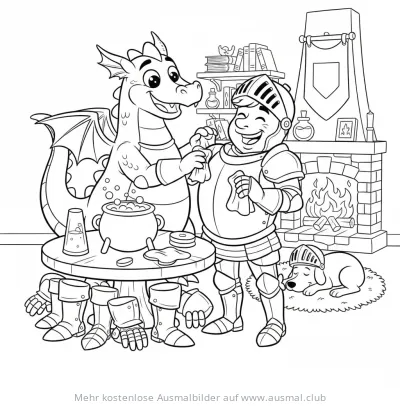Freundlicher Drache und Ritter am Tisch mit Zaubertrank Ausmalbild