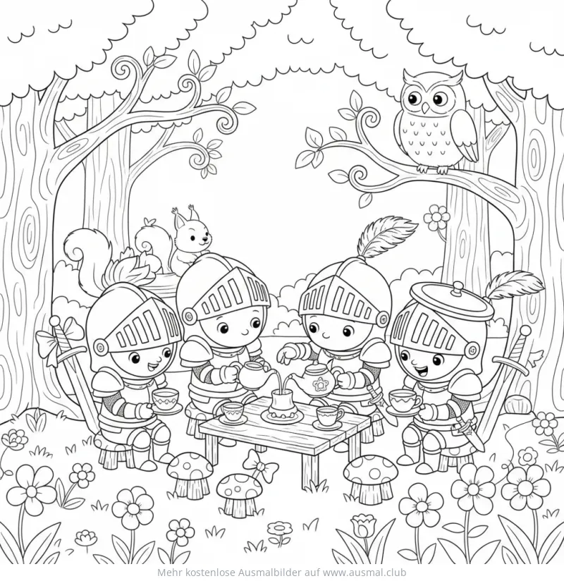 Ritter Teeparty Ausmalbild mit Eule und Eichhörnchen