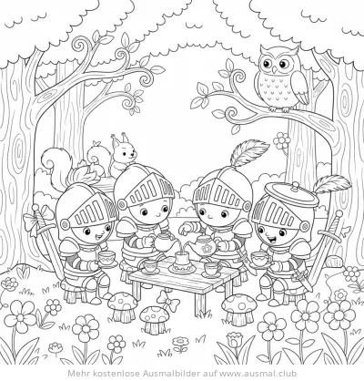 Ritter Teeparty Ausmalbild mit Eule und Eichhörnchen