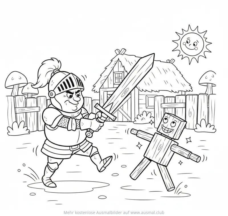 Ritter kämpft mit Schwert gegen Holzpuppe Ausmalbild