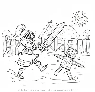 Ritter kämpft mit Schwert gegen Holzpuppe Ausmalbild