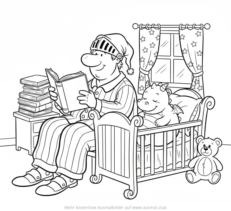 Ritter im Schlafanzug liest Drachen im Babybett Gute-Nacht-Geschichte Ausmalbild