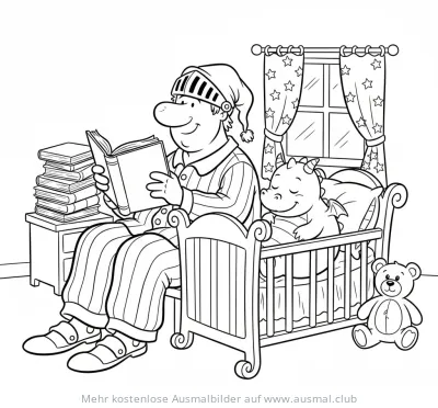 Ritter im Schlafanzug liest Drachen im Babybett Gute-Nacht-Geschichte Ausmalbild