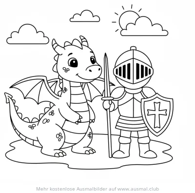 Freundlicher Drache und Ritter mit Schwert und Schild Ausmalbild