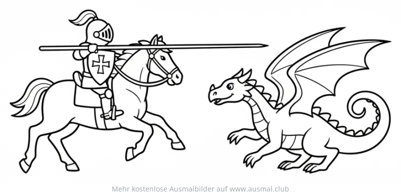 Ritter auf Pferd kämpft gegen Drachen Ausmalbild