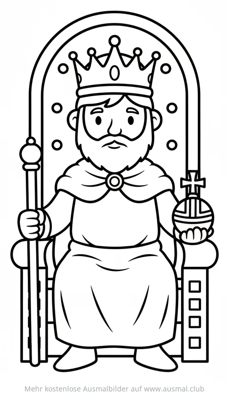 König sitzt auf Thron mit Krone, Zepter und Reichsapfel Ausmalbild