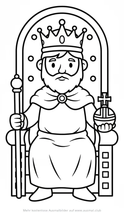 König sitzt auf Thron mit Krone, Zepter und Reichsapfel Ausmalbild