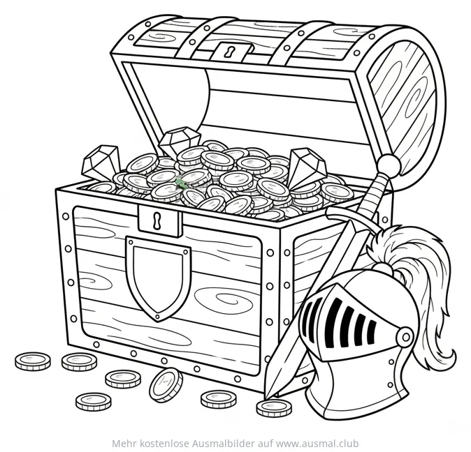 Schatzkiste mit Münzen, Diamanten, Ritterhelm und Schwert Ausmalbild