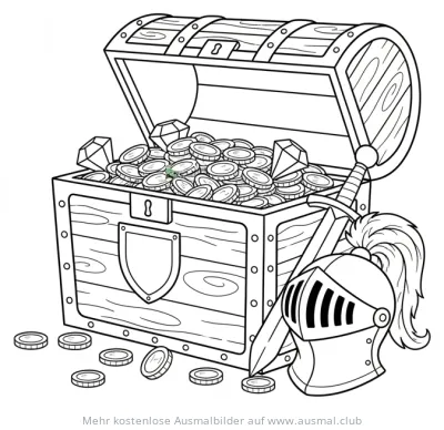 Schatzkiste mit Münzen, Diamanten, Ritterhelm und Schwert Ausmalbild
