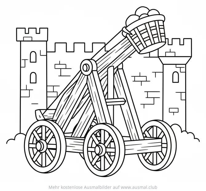 Mittelalterliches Katapult vor Burg Ausmalbild