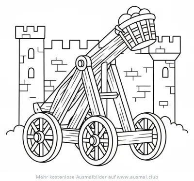 Mittelalterliches Katapult vor Burg Ausmalbild