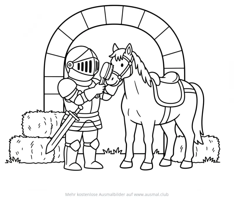 Ritter bürstet Pferd Ausmalbild vor Burgtor