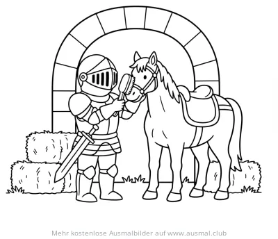 Ritter bürstet Pferd Ausmalbild vor Burgtor