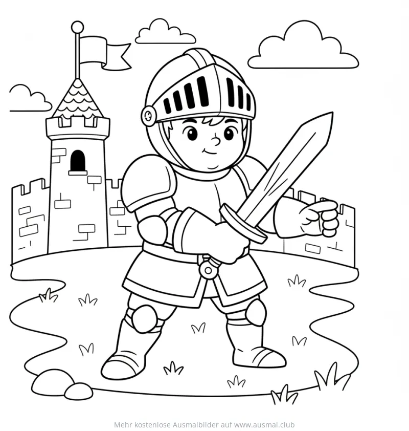 Ritter in Rüstung mit Schwert vor Burg Ausmalbild