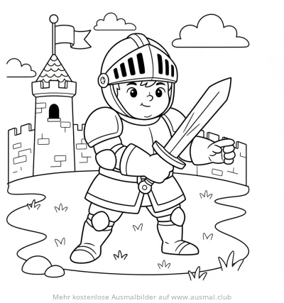 Ritter in Rüstung mit Schwert vor Burg Ausmalbild