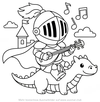 Ritter mit Laute auf Drache Ausmalbild vor Schloss