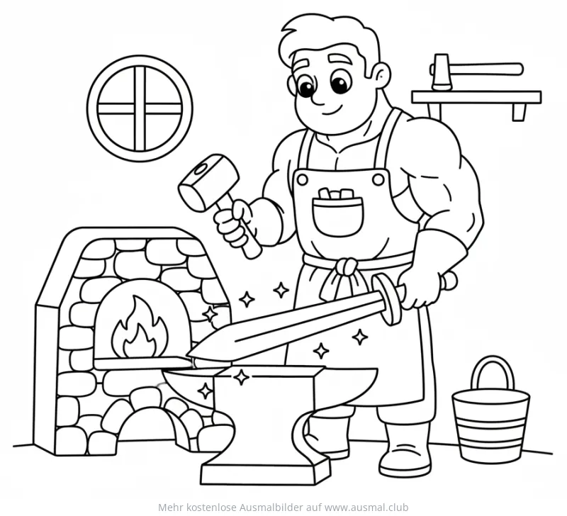 Schmied beim Bearbeiten eines Schwertes am Amboss Ausmalbild