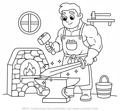 Schmied beim Bearbeiten eines Schwertes am Amboss Ausmalbild