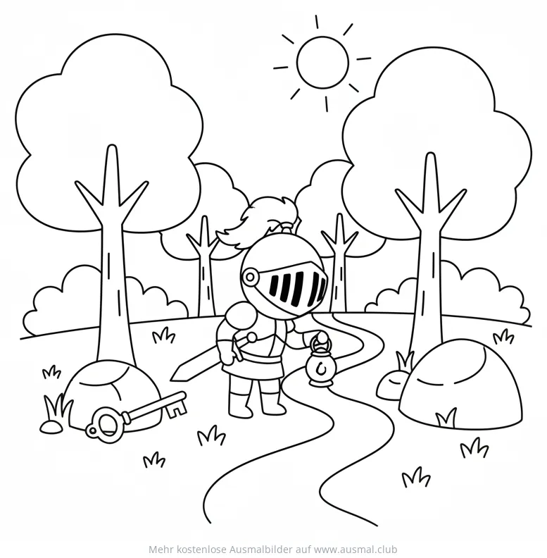 Ritter mit Laterne auf Waldweg Ausmalbild