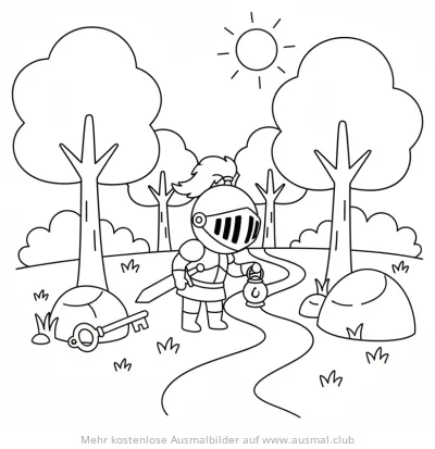 Ritter mit Laterne auf Waldweg Ausmalbild