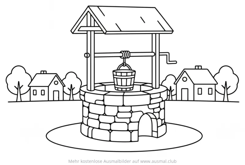 Brunnen Ausmalbild mit Häusern im Hintergrund