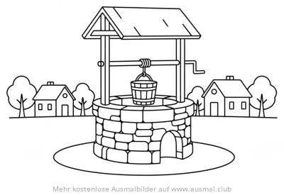 Brunnen Ausmalbild mit Häusern im Hintergrund