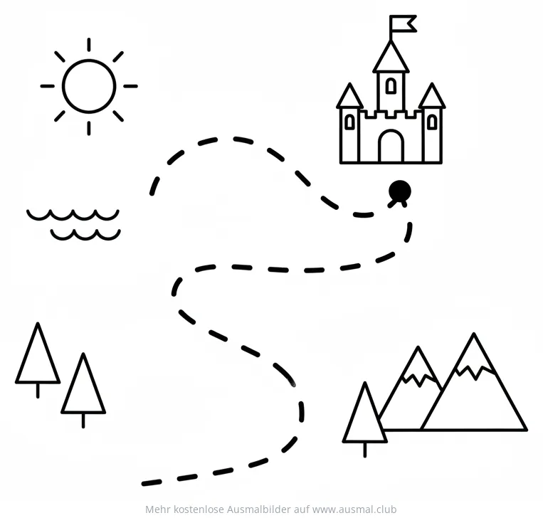 Schatzkarte mit Schloss, Weg, Bergen, Bäumen, Sonne und Meer Ausmalbild