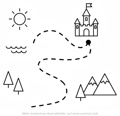 Schatzkarte mit Schloss, Weg, Bergen, Bäumen, Sonne und Meer Ausmalbild