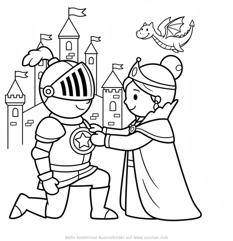 Ritter kniet vor Prinzessin und überreicht Medaille Ausmalbild, Schloss und Drache im Hintergrund