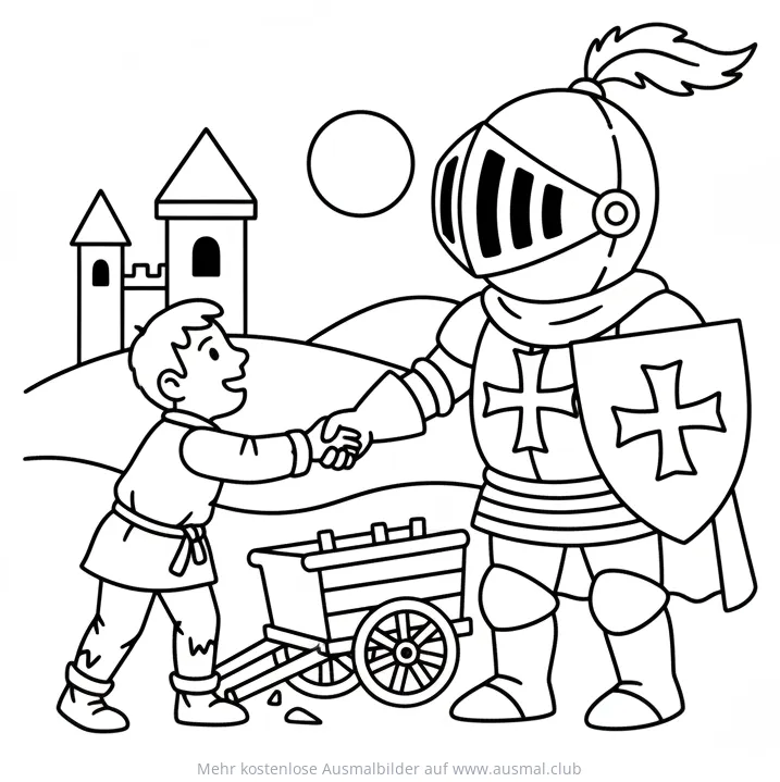 Ritter im Kampfanzug schüttelt Bauernjungen die Hand Ausmalbild