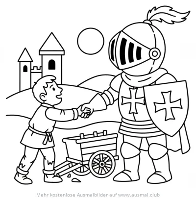 Ritter im Kampfanzug schüttelt Bauernjungen die Hand Ausmalbild