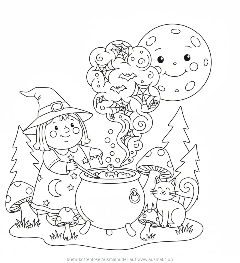 Hexe rührt im Kessel Ausmalbild
